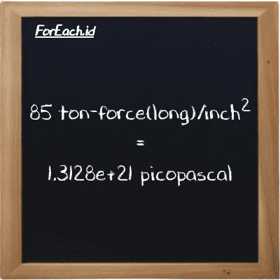 85 ton-force(long)/inch<sup>2</sup> is equivalent to 1.3128e+21 picopascal (85 LT f/in<sup>2</sup> is equivalent to 1.3128e+21 pPa)